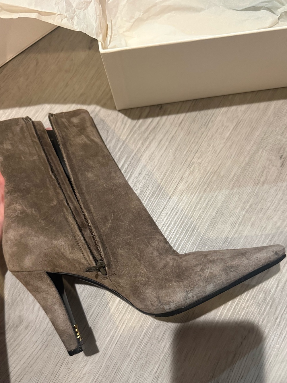 Saint Laurent Taupe Suede Pointed-Toe Mid-Heel Ankle Boots - Picture 3 of 8